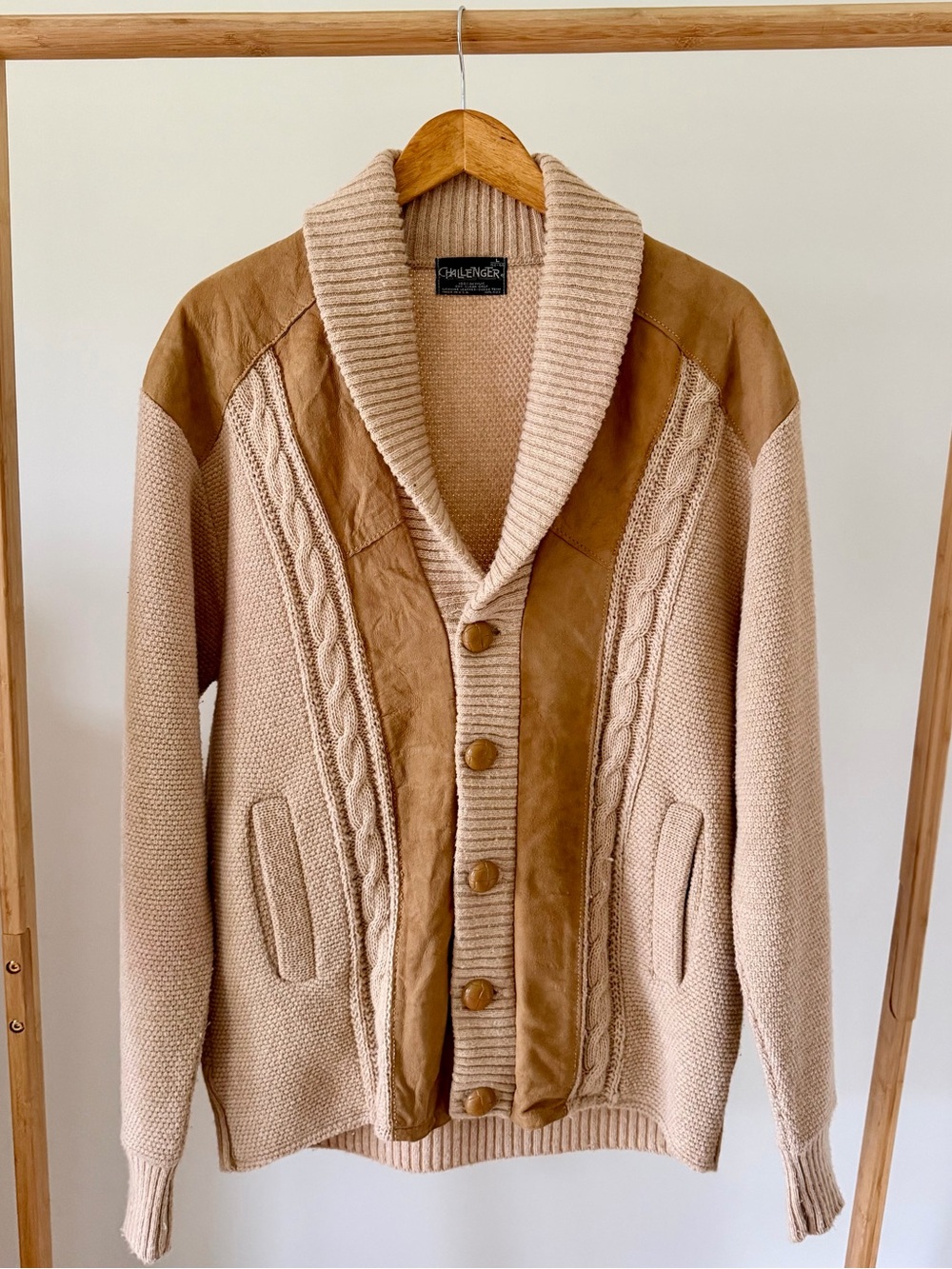 Vintage 60’s/70’s Suede Leather Panel Cable Knit Cardigan in Camel Brown